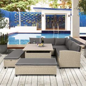 6-Piece Patio Furniture Set Outdoor Wicker Rattan Sectional Sofa with Table and Benches for Backyard, Garden, Poolside