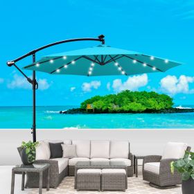 10 ft Outdoor Patio Umbrella Solar Powered LED Lighted Sun Shade Market Waterproof 8 Ribs Umbrella with Crank and Cross Base for Garden Deck Backyard