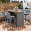 5-pieces Outdoor Patio Wicker Bar Set, Bar Height Chairs With Non-Slip Feet And Fixed Rope, Removable Cushion, Acacia Wood Table Top, Brown Wood And G