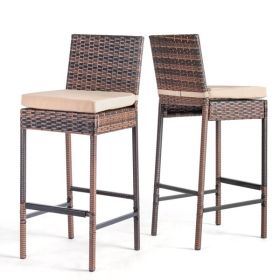 Set of 2 Patio Wicker Barstools, Outdoor Bar Height Chairs with Seat Cushions & Footrests for Patio Porch Backyard Living Room Balcony, Brown Gradient