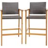 Set of 2 PE Wicker Patio Bar Chairs with Acacia Wood Armrests