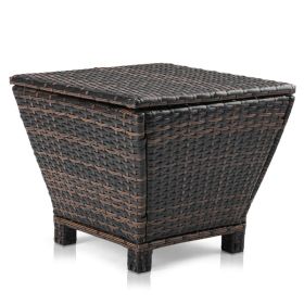 Outdoor PE Wicker Side Table with Storage, Small Patio Storage Bin Container for Hose Cushion Towel, Brown