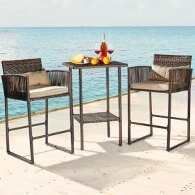 Outdoor 3 Piece Patio Bar Set, Bar Height Bistro Table Set for 2 People, High Top Wicker Bar Stools and Table Outdoor Bar Set with Cushions and Pillow