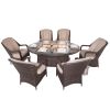 Direct Wicker Outdoor 7-Piece Patio Wicker Gas Fire Pit Dining Set with Arm Chairs