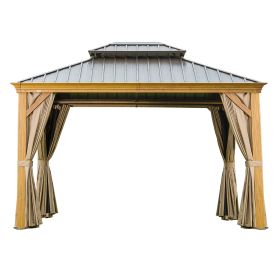 10'x12' Hardtop Gazebo, Wooden Coated Aluminum Frame Canopy with Galvanized Steel Double Roof, Outdoor Permanent Metal Pavilion with Curtains and Nett