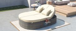 TOPMAX Outdoor Sun Bed Patio 2-Person Daybed with Cushions and Pillows, Rattan Garden Reclining Chaise Lounge with Adjustable Backrests and Foldable C