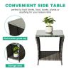 Outdoor Patio Wicker Side Table, Square End Table Bistro Coffee Table with Glass Top Storage Shelf for Porch Garden Backyard Grey