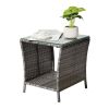 Outdoor Patio Wicker Side Table, Square End Table Bistro Coffee Table with Glass Top Storage Shelf for Porch Garden Backyard Grey