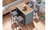 5-pieces Outdoor Patio Wicker Bar Set, Bar Height Chairs With Non-Slip Feet And Fixed Rope, Removable Cushion, Acacia Wood Table Top, Brown Wood And G