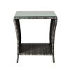 Outdoor Patio Wicker Side Table, Square End Table Bistro Coffee Table with Glass Top Storage Shelf for Porch Garden Backyard Grey