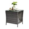 Outdoor Patio Wicker Side Table, Square End Table Bistro Coffee Table with Glass Top Storage Shelf for Porch Garden Backyard Grey