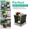 Outdoor Patio Wicker Side Table, Square End Table Bistro Coffee Table with Glass Top Storage Shelf for Porch Garden Backyard Grey