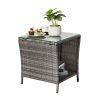 Outdoor Patio Wicker Side Table, Square End Table Bistro Coffee Table with Glass Top Storage Shelf for Porch Garden Backyard Grey