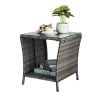 Outdoor Patio Wicker Side Table, Square End Table Bistro Coffee Table with Glass Top Storage Shelf for Porch Garden Backyard Grey