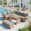 5-Piece Outdoor Patio Rattan Sofa Set; Sectional PE Wicker L-Shaped Garden Furniture Set with 2 Extendable Side Tables; Dining Table and Washable Cove