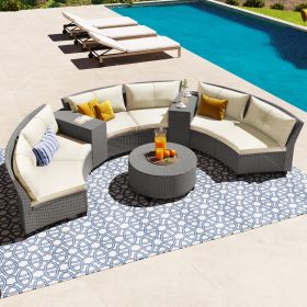 [VIDEO provided] 6 - Person Fan-shaped Rattan Suit Combination with Cushions and Table,Suitable for Garden (Color: Beige)