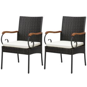 Set of 2/4 Outdoor PE Wicker Chair with Acacia Wood Armrests (size: Set of 2)