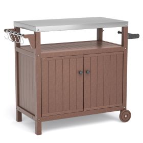 Outdoor Grilling Table with Storage,,Waterproof Outdoor Grill Cabinet,Stainless Steel Tabletop Outdoor Kitchen Island,BBQ Cart with Wheels,Hooks and S (Color: brown)