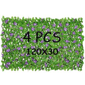 4 Pack Expandable Faux Privacy Fence, Decorative Faux Ivy Greenery Fencing Panel, Artificial Hedges Screen for Balcony Patio Outdoor, with Flower (Sin (Color: Purple Flower)