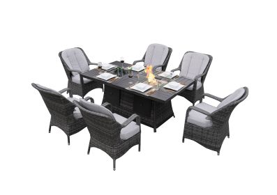 Direct Wicker 7 PCS Patio Gas Firepit and Ice Container Rectangle Dining Set with 6 Standard Height Chairs (Color: Gray)