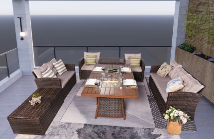 Direct Wicker Outdoor Patio Furniture Set with Rectangular Fire Pit Table in Elegant Brown or Chic Gray (Color: brown)