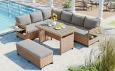 5-Piece Outdoor Patio Rattan Sofa Set; Sectional PE Wicker L-Shaped Garden Furniture Set with 2 Extendable Side Tables; Dining Table and Washable Cove