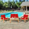 4 Pieces Patio Acacia Wood Thick Cushion Loveseat Sofa Set