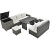 Outdoor 6-Piece All Weather PE Rattan Sofa Set; Garden Patio Wicker Sectional Furniture Set with Adjustable Seat; Storage Box; Removable Covers and Te