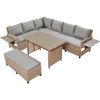 5-Piece Outdoor Patio Rattan Sofa Set; Sectional PE Wicker L-Shaped Garden Furniture Set with 2 Extendable Side Tables; Dining Table and Washable Cove